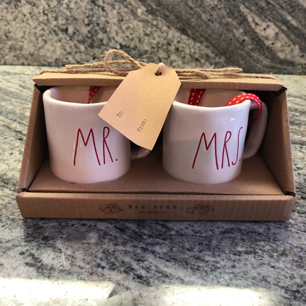 Rae Dunn Christmas ornaments mugs mr Mrs red